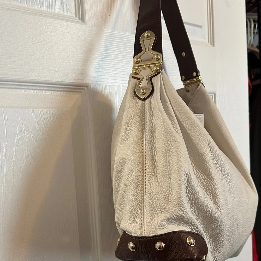 MICHAEL Michael Kors Bedford Cream and Brown Hobo Bag Gold Hardware Soft Leather